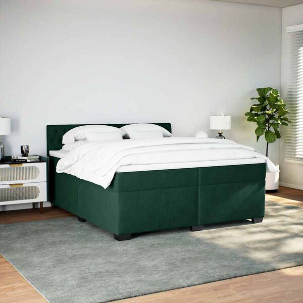 vidaXL Pat box spring cu saltea, verde &icirc;nchis, 200x200 cm, catifea
