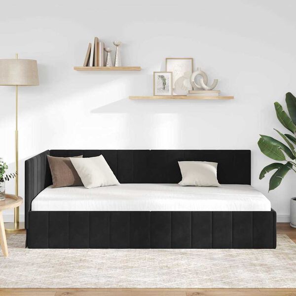 vidaXL Cadru de pat colțar cu headboard Negru 90 cm x 200 cm Catifea