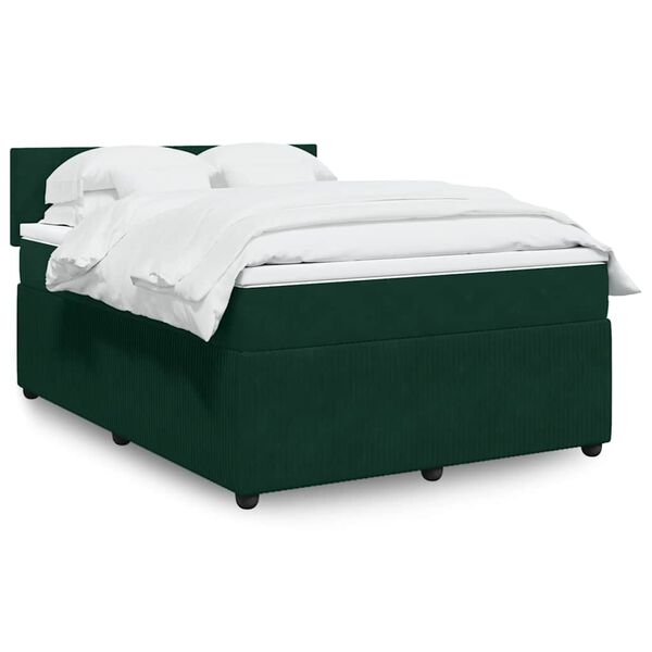 vidaXL Pat box spring cu saltea, verde &icirc;nchis, 140x190 cm, catifea