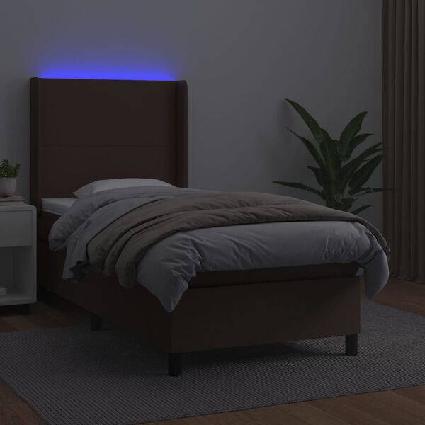 vidaXL Pat cu arcuri, saltea și LED, maro, 90x190 cm, piele ecologică