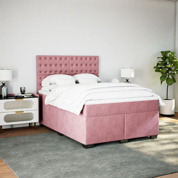 vidaXL Pat box spring cu saltea, roz, 140x190 cm, catifea