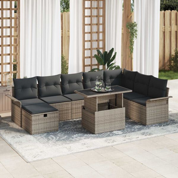 vidaXL Set de canapele pentru grădină cu pernă 9 pcs Gri Rattan poli