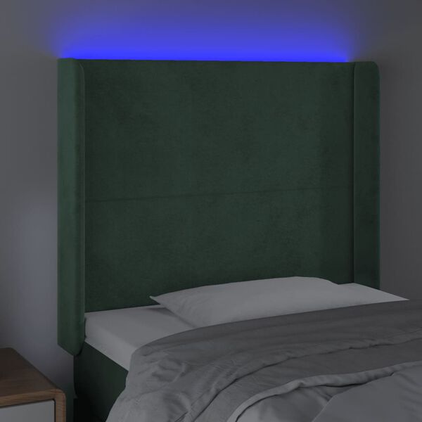 vidaXL Tăblie de pat cu LED, verde &icirc;nchis, 93x16x118/128cm, catifea