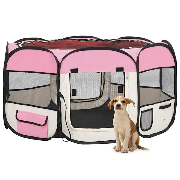 vidaXL Țarc joacă pliabil câini cu sac de transport roz 125x125x61 cm