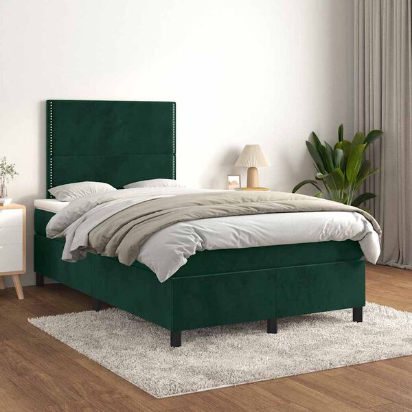 vidaXL Pat box spring cu saltea, verde &icirc;nchis, 120x200 cm, catifea