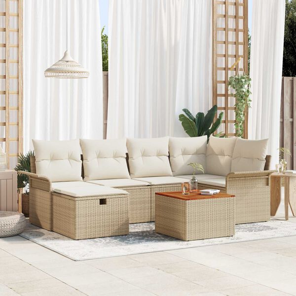 vidaXL Set de canapele pentru grădină cu pernă 7 pcs Bej Rattan poli