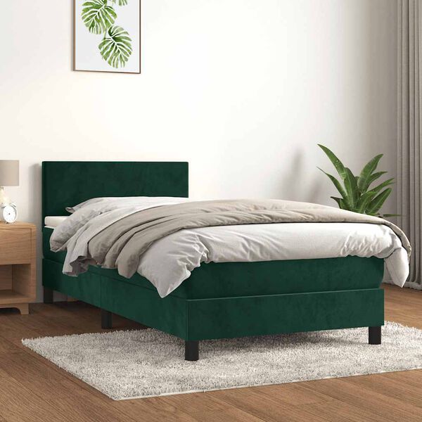 vidaXL Pat box spring cu saltea, verde &icirc;nchis, 100x200 cm, catifea