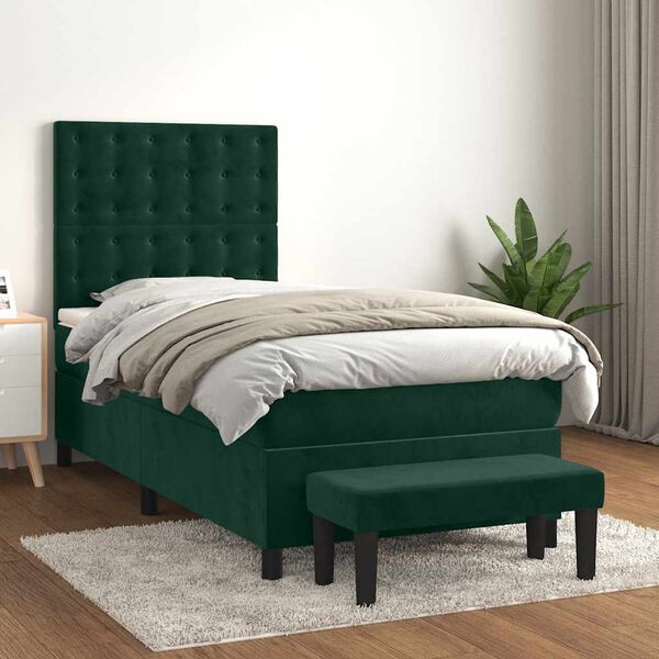 vidaXL Pat box spring cu saltea, verde &icirc;nchis, 90x190 cm, catifea