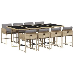 vidaXL Set de masă pentru grădină, 9 piese, cu perne, bej, poliratan
