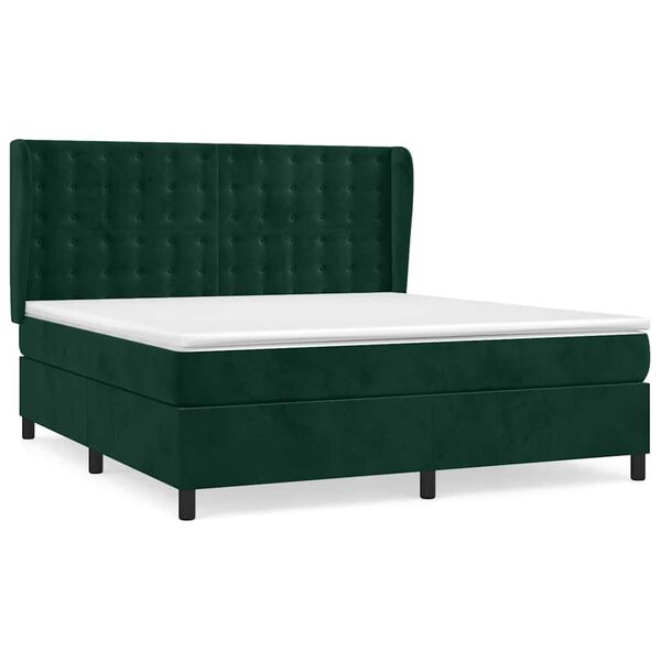 vidaXL Pat box spring cu saltea, verde &icirc;nchis, 160x200 cm, catifea