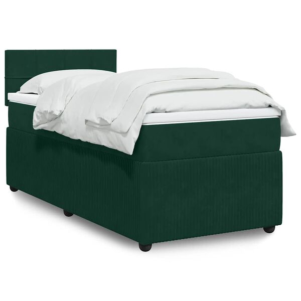 vidaXL Pat box spring cu saltea, verde &icirc;nchis, 90x200 cm, catifea