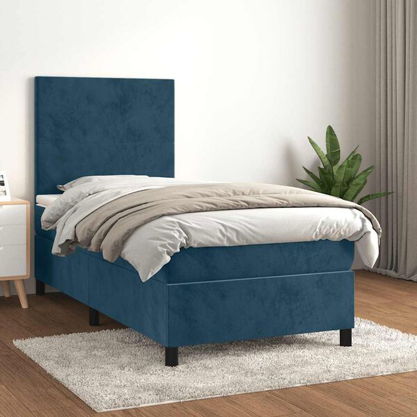 vidaXL Pat box spring cu saltea, albastru &icirc;nchis, 90x190 cm, catifea