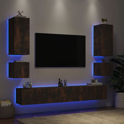 vidaXL Comode TV de perete cu lumini LED, 6 piese, stejar fumuriu