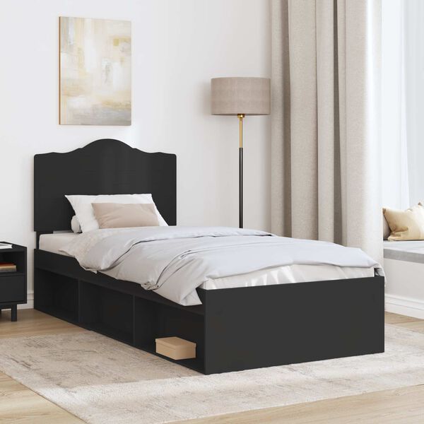 vidaXL Cadru de pat cu headboard Negru 90 x 190 cm Lemn de pin masiv
