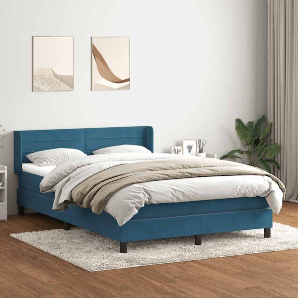vidaXL Pat box spring cu saltea, albastru &icirc;nchis, 160x220 cm, catifea