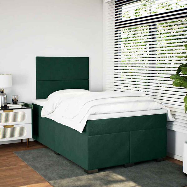 vidaXL Pat box spring cu saltea, verde &icirc;nchis, 120x190 cm, catifea