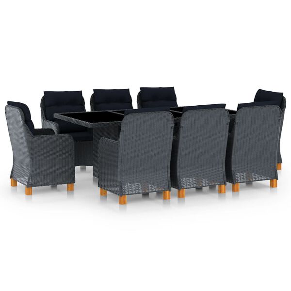 vidaXL Set mobilier exterior cu perne, 9 piese, gri &icirc;nchis, poliratan