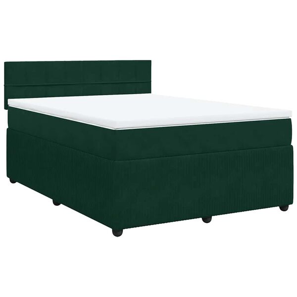 vidaXL Pat box spring cu saltea, verde &icirc;nchis, 140x190 cm, catifea