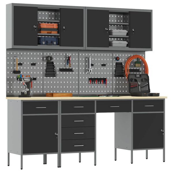 vidaXL Dulap de lucru cu sertar 10 pcs Negru Lemn ingineresc și oțel