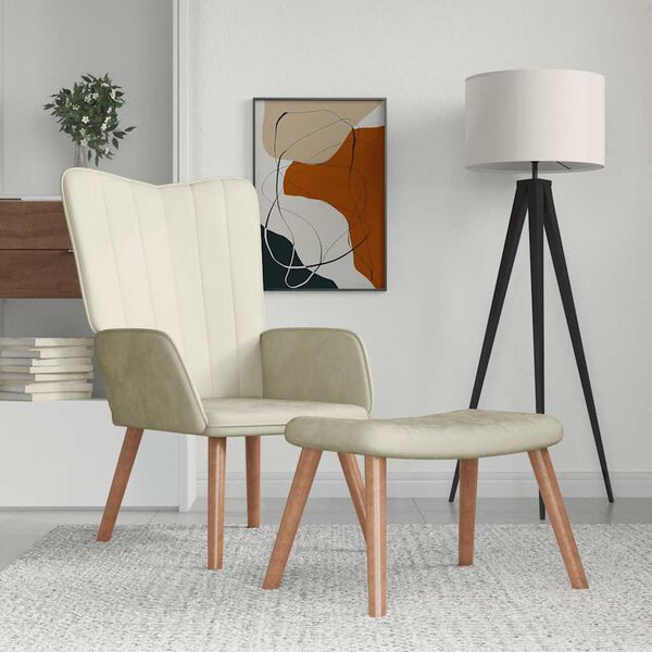 vidaXL Scaun de relaxare cu taburet, alb crem, catifea