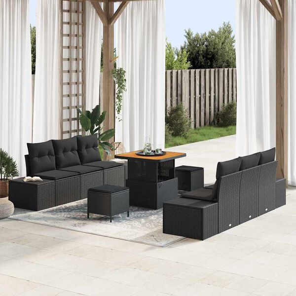 vidaXL Set de canapele pentru grădină cu pernă 9 pcs Negru Rattan poli