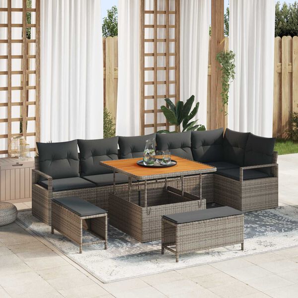 vidaXL Set de canapele pentru grădină cu pernă 9 pcs Gri Rattan poli