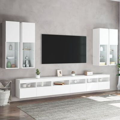 vidaXL Set comode TV de perete, 7 piese, cu lumini LED, alb