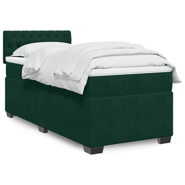 vidaXL Pat box spring cu saltea, verde &icirc;nchis, 90x190 cm, catifea