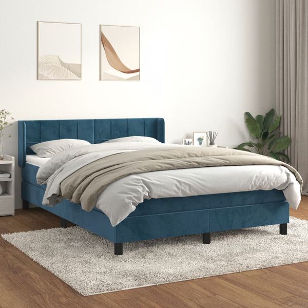 vidaXL Pat box spring cu saltea, albastru &icirc;nchis, 140x200 cm, catifea