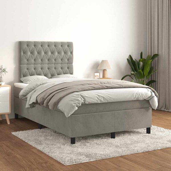 vidaXL Pat box spring cu saltea, gri deschis, 120x190 cm, catifea
