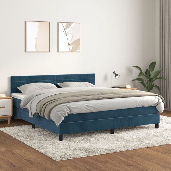 vidaXL Pat box spring cu saltea, albastru &icirc;nchis, 180x200 cm, catifea