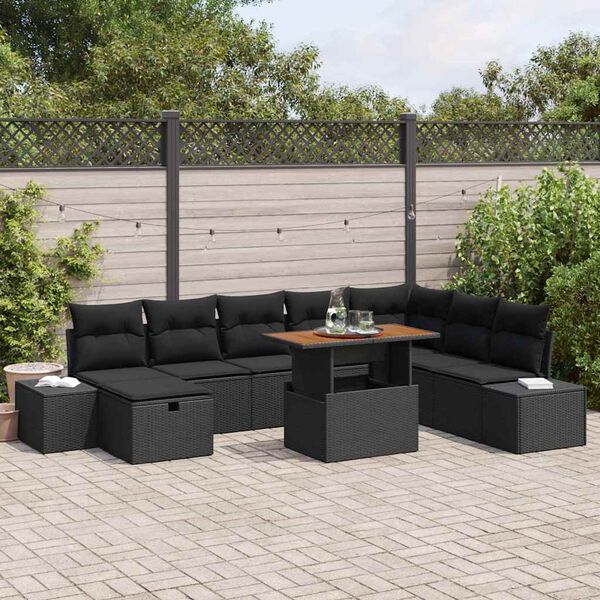 vidaXL Set de canapele pentru grădină cu pernă 9 pcs Negru Rattan poli
