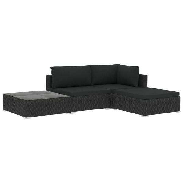 vidaXL Set mobilier de grădină cu perne, 4 piese, negru, poliratan