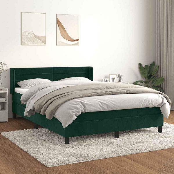vidaXL Pat box spring cu saltea, verde &icirc;nchis, 140x200 cm, catifea