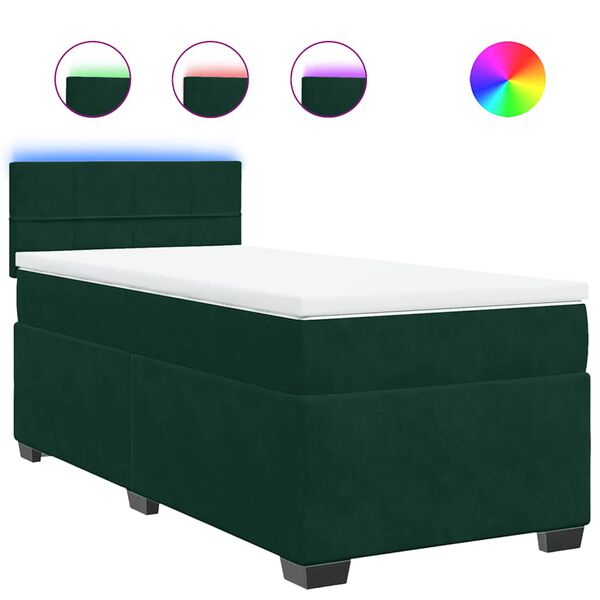vidaXL Pat box spring cu saltea, verde &icirc;nchis, 90x190 cm, catifea