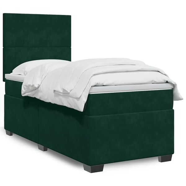 vidaXL Pat box spring cu saltea, verde &icirc;nchis, 90x190 cm, catifea