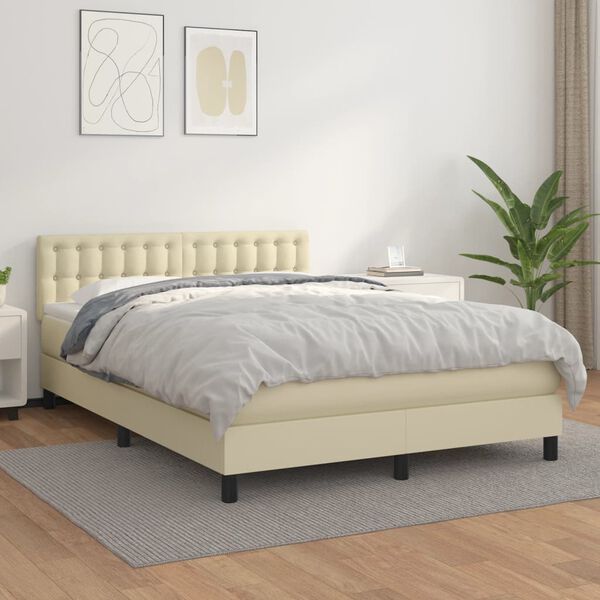vidaXL Pat box spring cu saltea, crem, 140x190 cm, piele ecologică