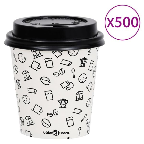 vidaXL Pahare de cafea de h&acirc;rtie cu capace, 500 buc., alb/negru 200 ml