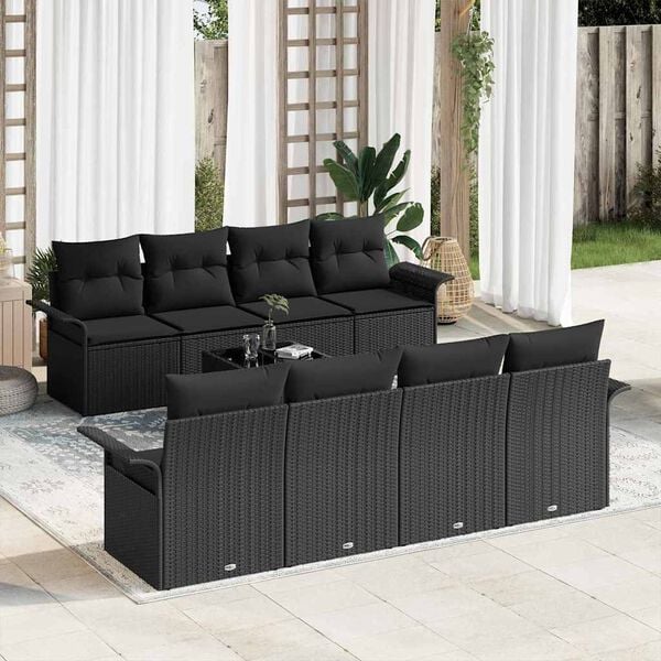 vidaXL Set de canapele pentru grădină cu pernă 9 pcs Negru poliratan