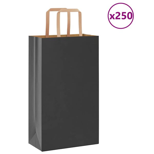 vidaXL Pungi de h&acirc;rtie 250 buc cu m&acirc;nere negre 21x11x36 cm