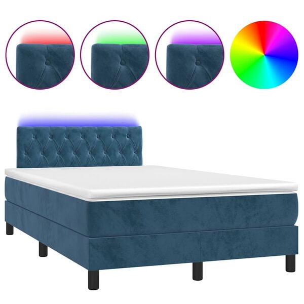 vidaXL Pat box spring cu saltea/LED albastru &icirc;nchis 120x190cm catifea