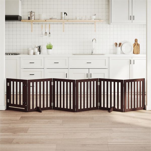 vidaXL Poartă c&acirc;ini pliabilă cu ușă 6 panouri maro, 300 cm, lemn plop