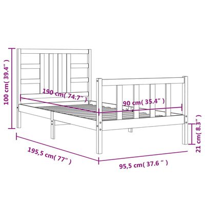 vidaXL Cadru de pat cu tăblie, gri, 90x190 cm, lemn masiv