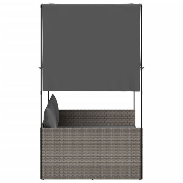 vidaXL Șezlong de plajă dublu cu acoperiș și perdele, gri, poliratan