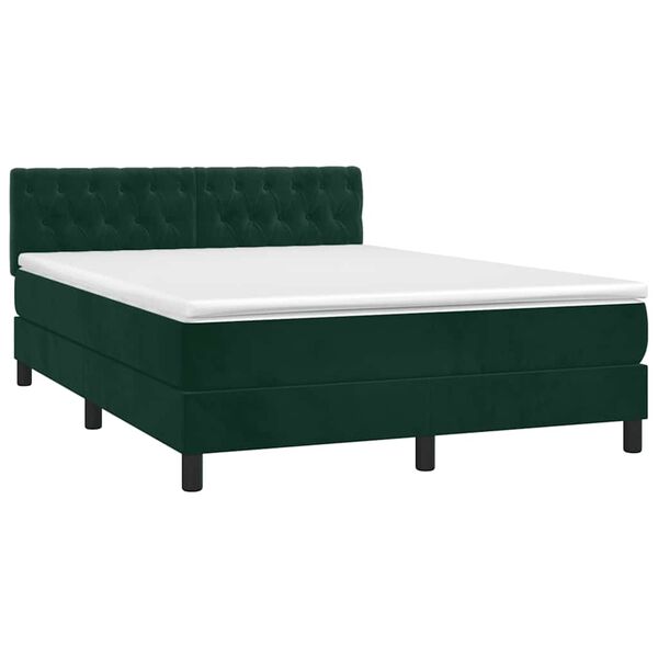 vidaXL Pat box spring cu saltea, verde &icirc;nchis, 140x200 cm, catifea