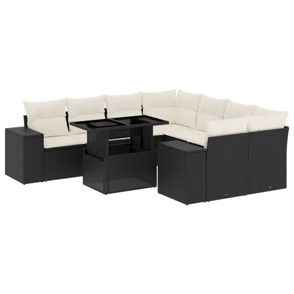 vidaXL Set mobilier de grădină cu perne, 9 piese, negru, poliratan