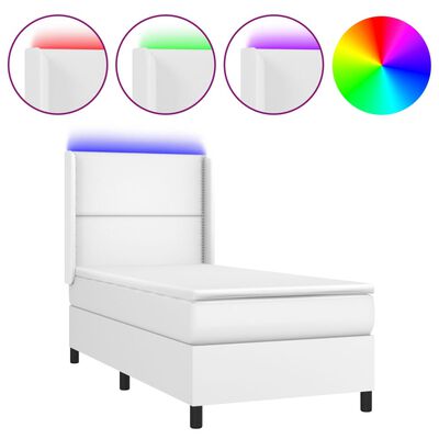 vidaXL Pat cu arcuri, saltea și LED, alb, 80x200 cm, piele ecologică