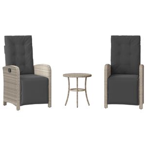 vidaXL Set bistro cu perne, 3 piese, gri deschis, poliratan