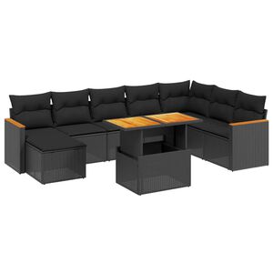 vidaXL Set mobilier de grădină cu perne, 9 piese, negru, poliratan