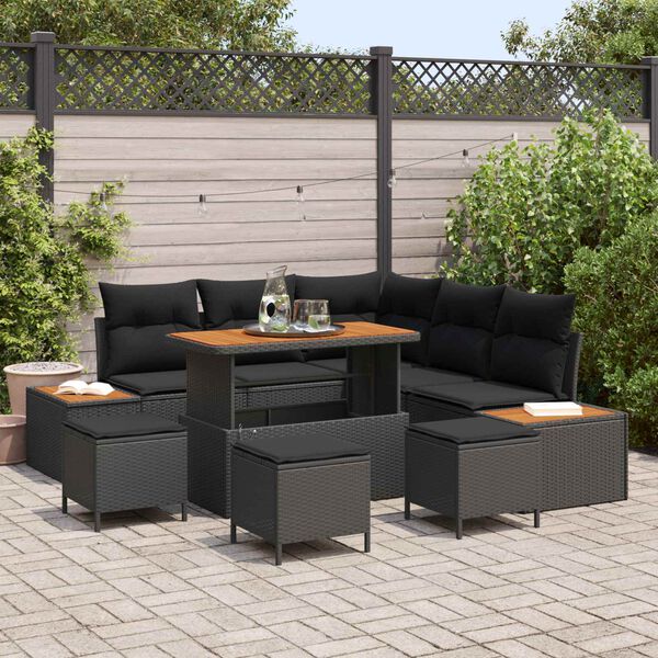vidaXL Set de canapele pentru grădină cu pernă 9 pcs Negru Rattan poli